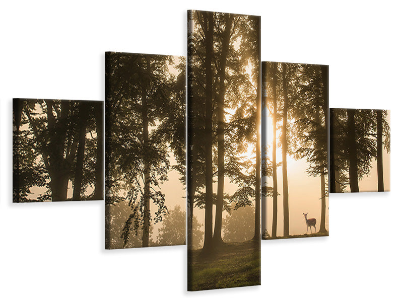 5-piece-canvas-print-deer-in-the-morning-mist