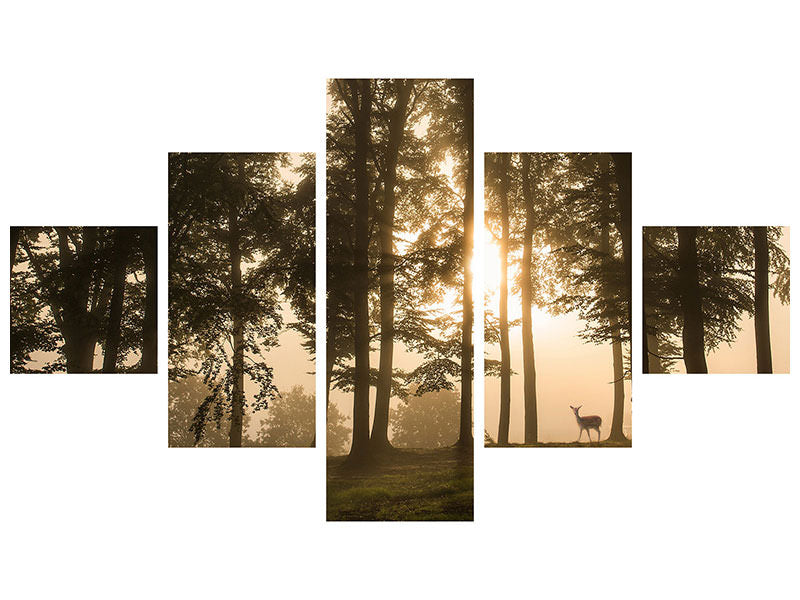 5-piece-canvas-print-deer-in-the-morning-mist